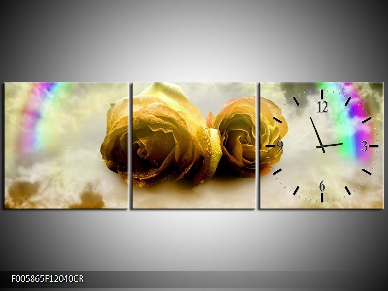 Klok schilderij Roos | Geel, Grijs | 120x40cm 3Luik