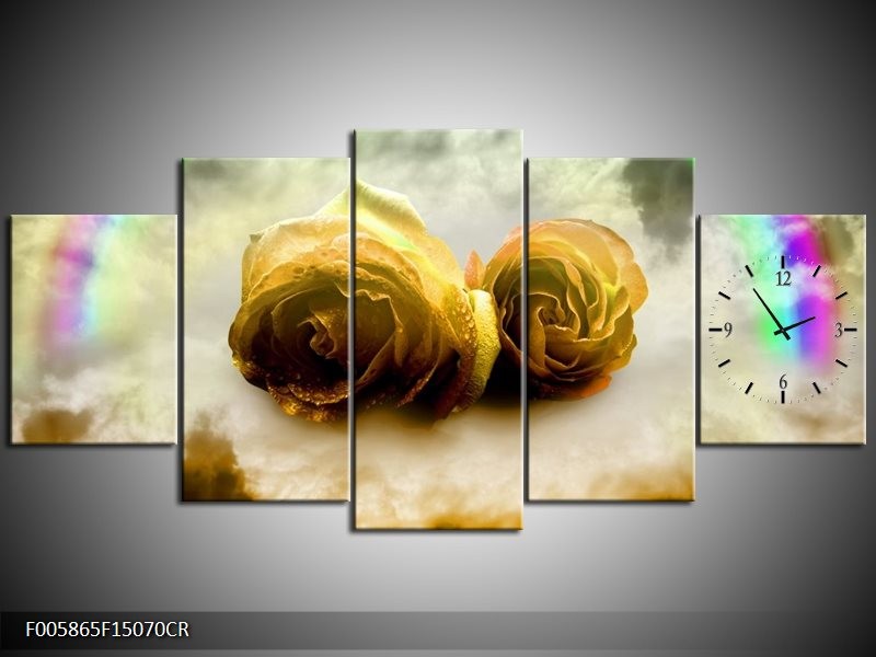 Klok schilderij Roos | Geel, Grijs | 150x70cm 5Luik