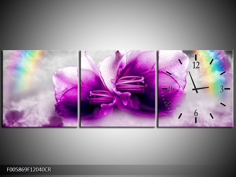 Klok schilderij Lelie | Paars, Grijs | 120x40cm 3Luik