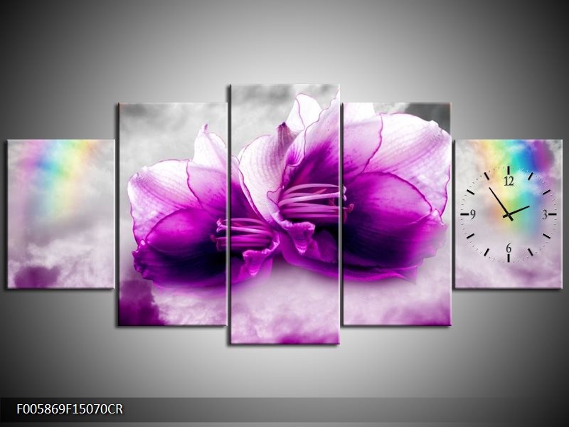 Klok schilderij Lelie | Paars, Grijs | 150x70cm 5Luik
