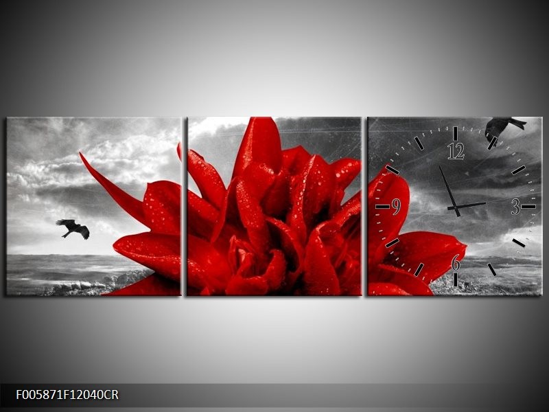 Klok schilderij Lelie | Rood, Grijs | 120x40cm 3Luik