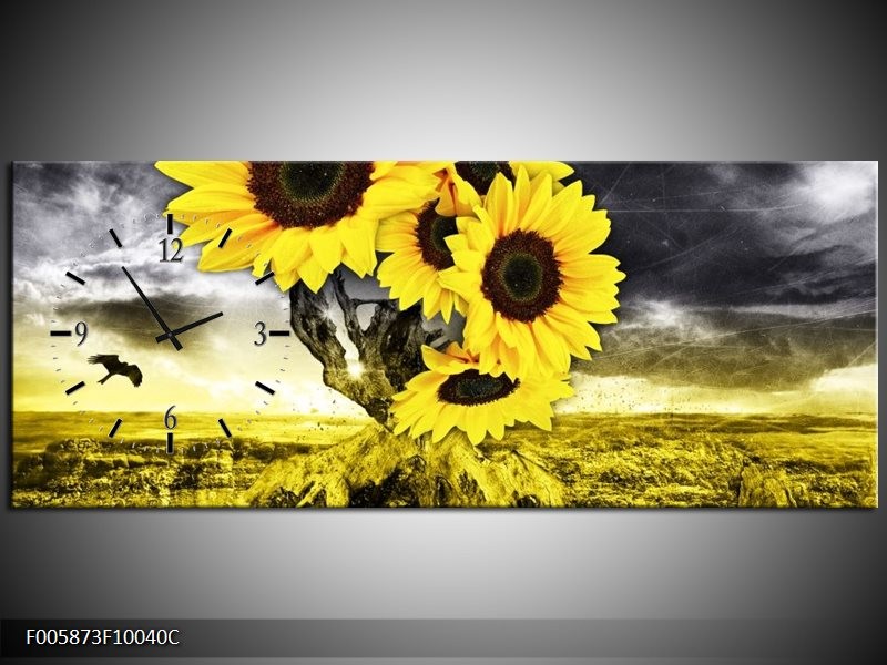 Klok schilderij Zonnebloem | Geel, Grijs | 100x40cm 1Luik
