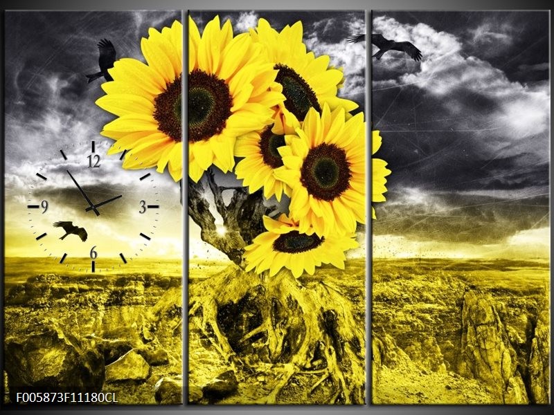 Klok schilderij Zonnebloem | Geel, Grijs | 111x80cm 3Luik