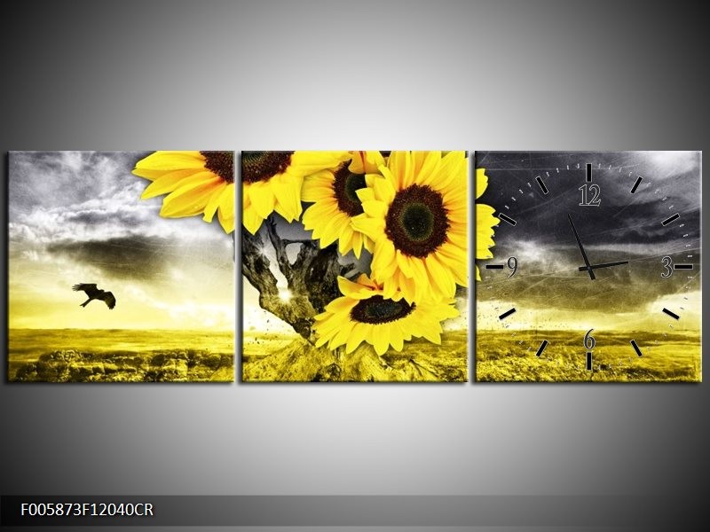 Klok schilderij Zonnebloem | Geel, Grijs | 120x40cm 3Luik