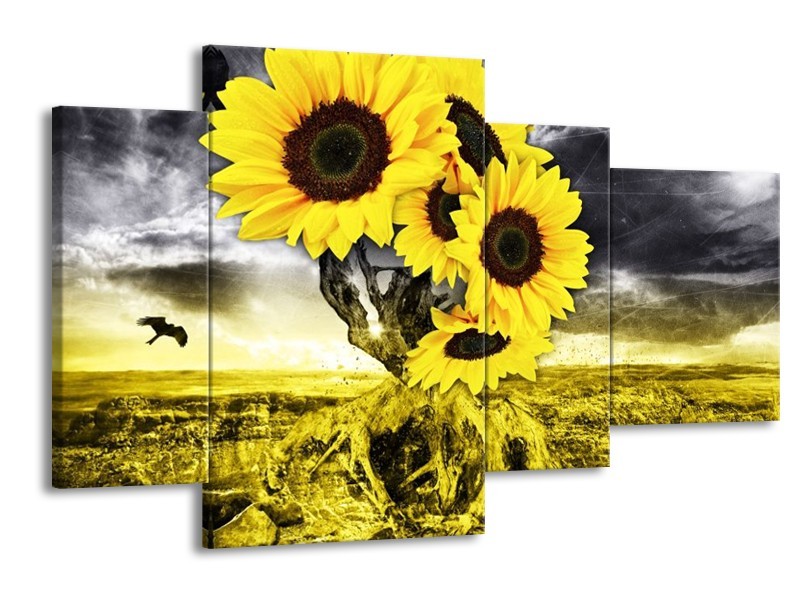 Glas schilderij Zonnebloem | Geel, Grijs | 120x75cm 4Luik