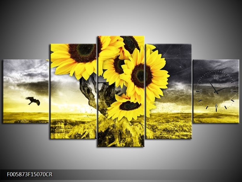 Klok schilderij Zonnebloem | Geel, Grijs | 150x70cm 5Luik