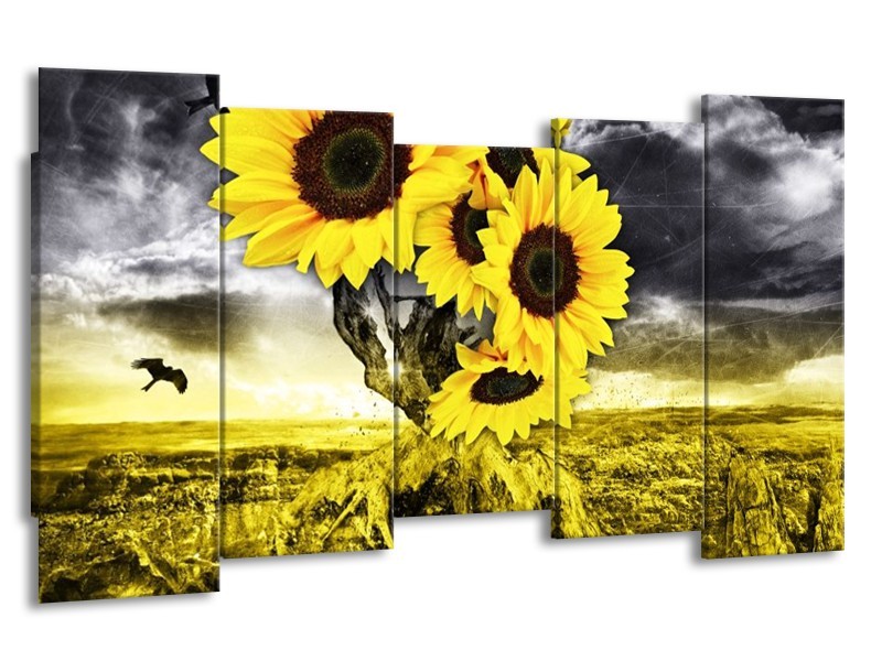 Canvas schilderij Zonnebloem | Geel, Grijs | 150x80cm 5Luik