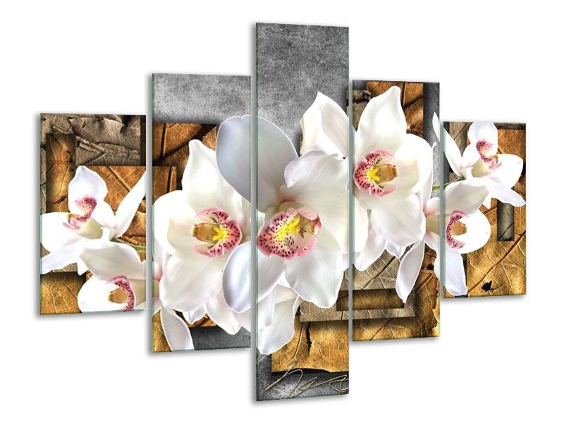 Canvas schilderij Orchidee | Grijs, Bruin, Wit | 100x70cm 5Luik