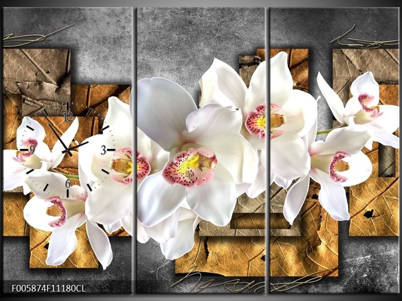Klok schilderij Orchidee | Grijs, Bruin, Wit | 111x80cm 3Luik