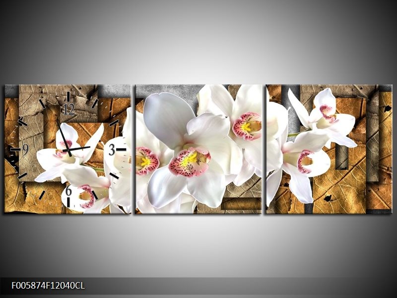 Klok schilderij Orchidee | Grijs, Bruin, Wit | 120x40cm 3Luik