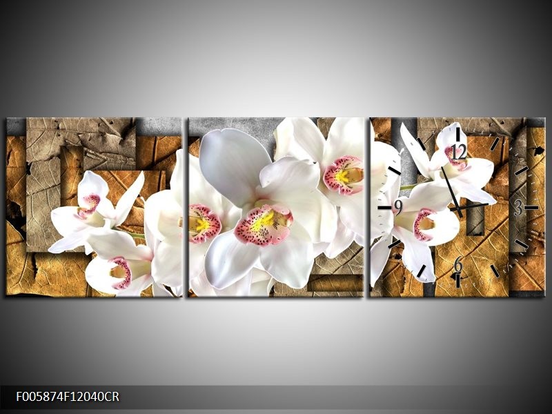 Klok schilderij Orchidee | Grijs, Bruin, Wit | 120x40cm 3Luik