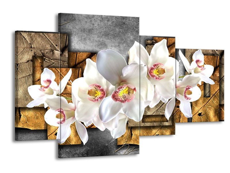 Canvas schilderij Orchidee | Grijs, Bruin, Wit | 120x75cm 4Luik