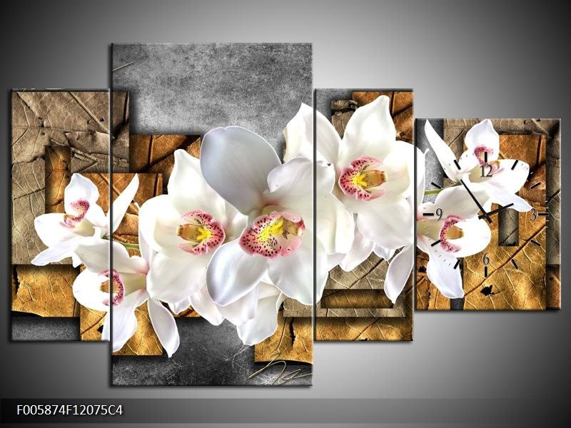 Klok schilderij Orchidee | Grijs, Bruin, Wit | 120x75cm 4Luik