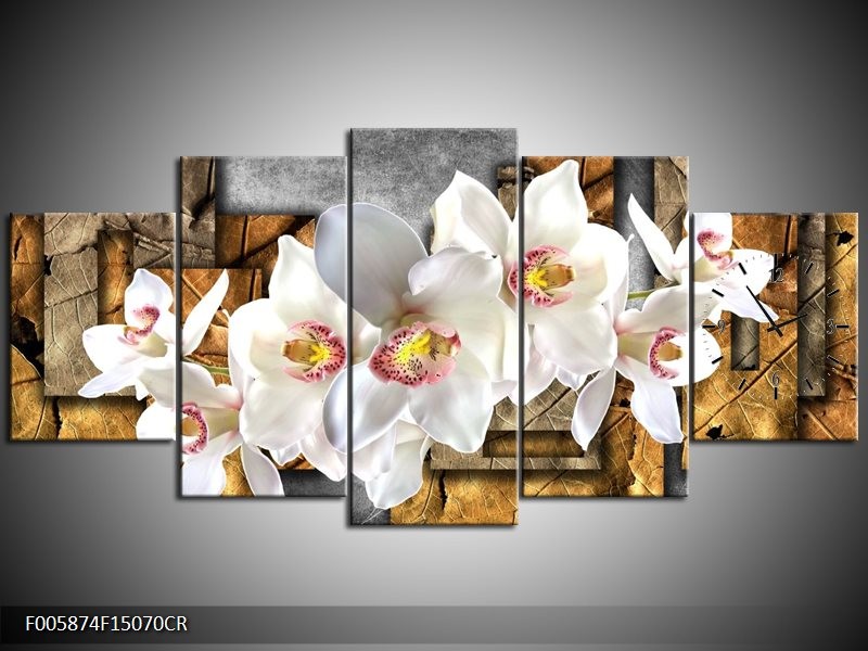Klok schilderij Orchidee | Grijs, Bruin, Wit | 150x70cm 5Luik
