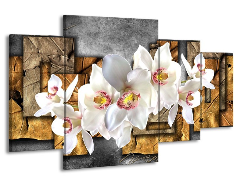 Canvas schilderij Orchidee | Grijs, Bruin, Wit | 160x90cm 4Luik