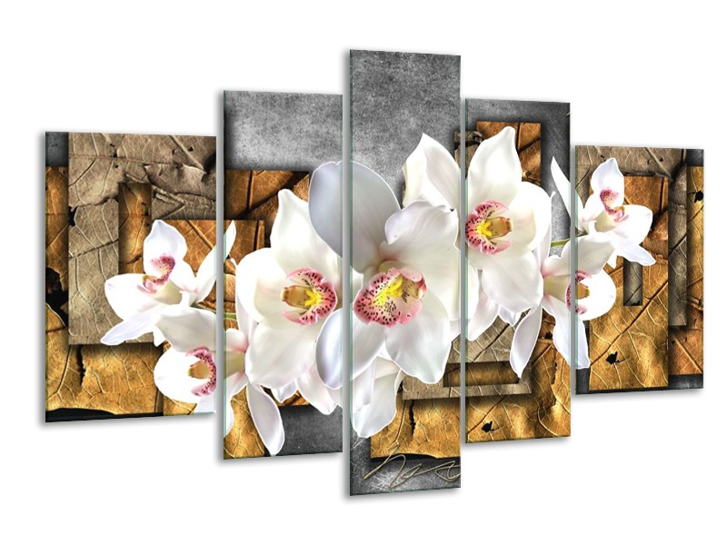 Canvas schilderij Orchidee | Grijs, Bruin, Wit | 170x100cm 5Luik