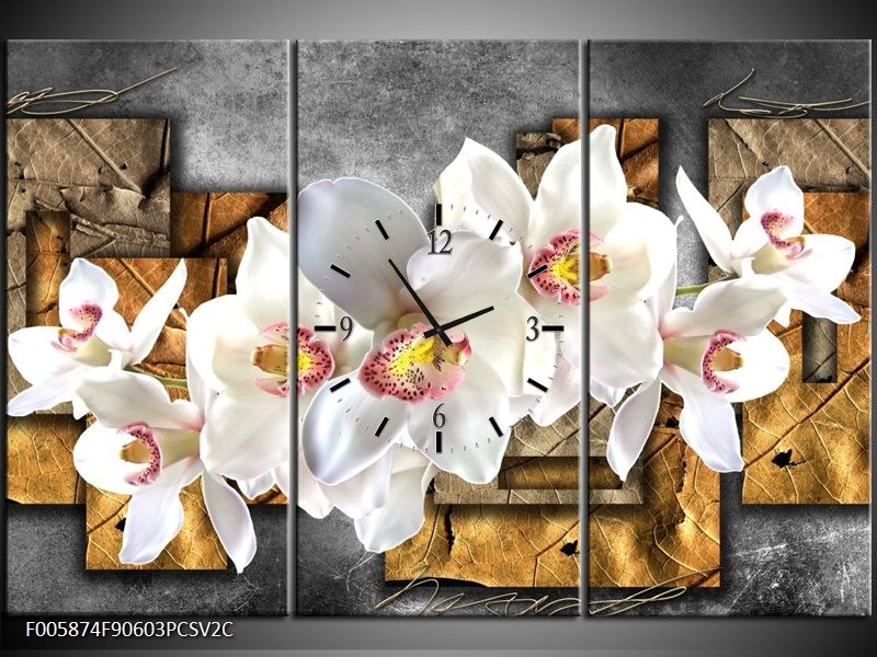 Klok schilderij Orchidee | Grijs, Bruin, Wit | 90x60cm 3Luik
