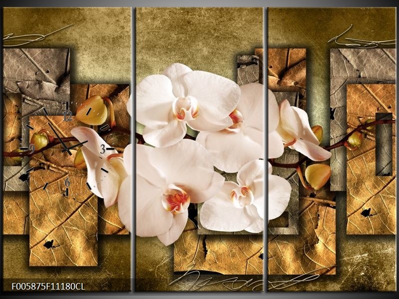 Klok schilderij Orchidee | Bruin, Crème | 111x80cm 3Luik