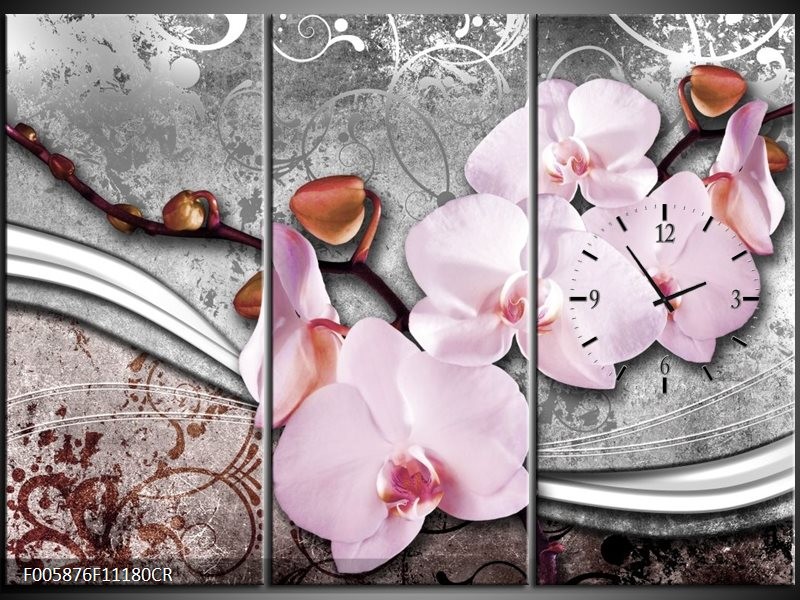 Klok schilderij Orchidee | Roze, Grijs | 111x80cm 3Luik