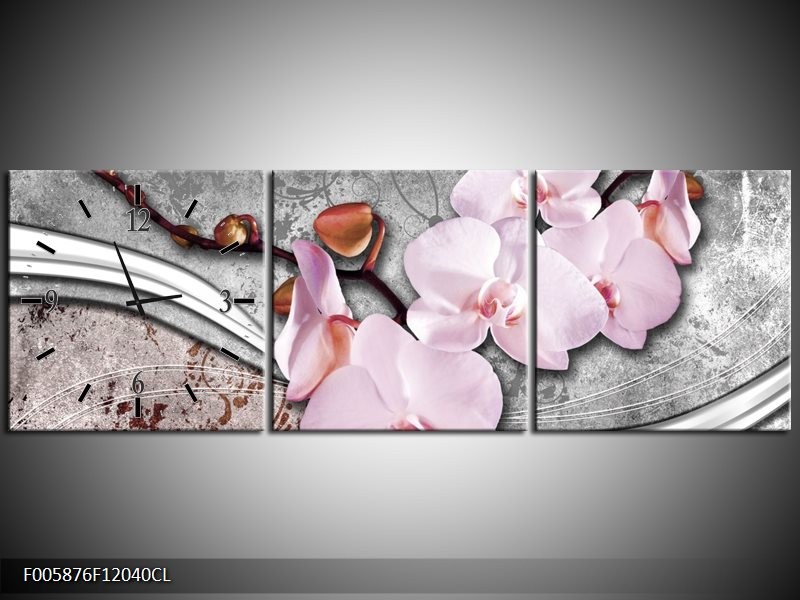 Klok schilderij Orchidee | Roze, Grijs | 120x40cm 3Luik