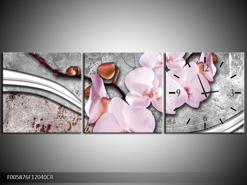 Klok schilderij Orchidee | Roze, Grijs | 120x40cm 3Luik