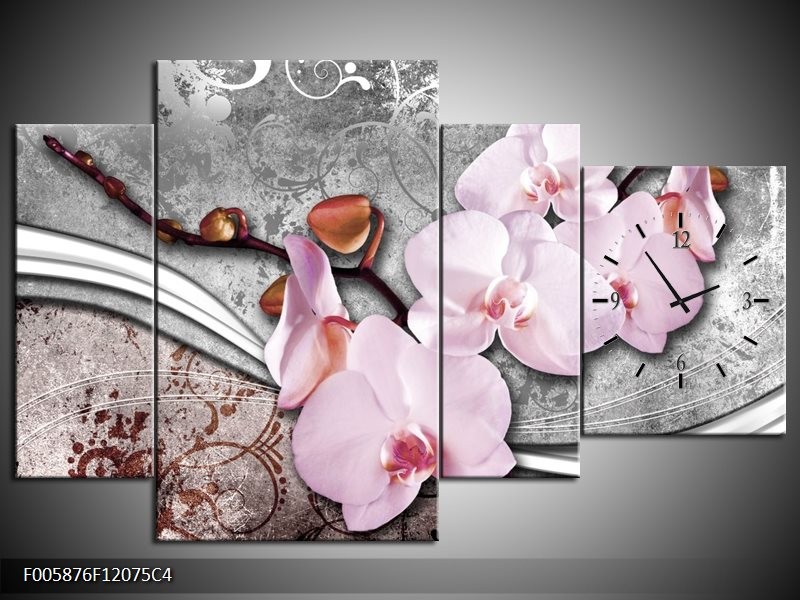 Klok schilderij Orchidee | Roze, Grijs | 120x75cm 4Luik
