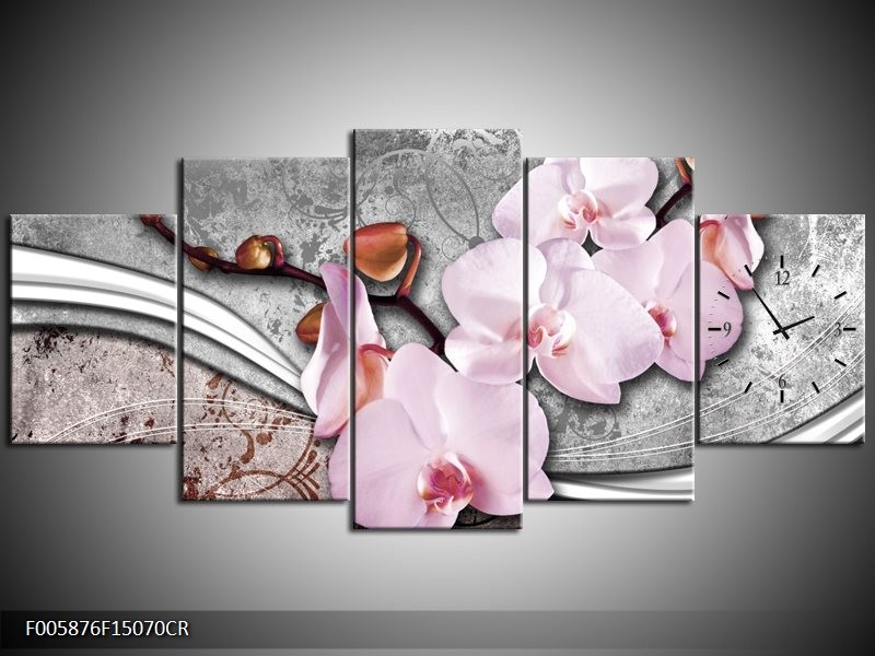 Klok schilderij Orchidee | Roze, Grijs | 150x70cm 5Luik