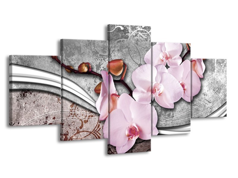 Canvas schilderij Orchidee | Roze, Grijs | 150x80cm 5Luik