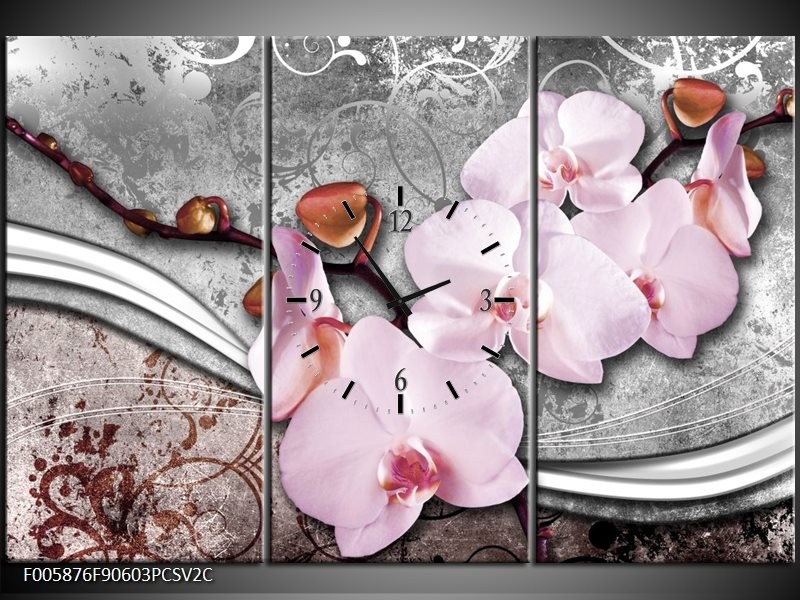 Klok schilderij Orchidee | Roze, Grijs | 90x60cm 3Luik