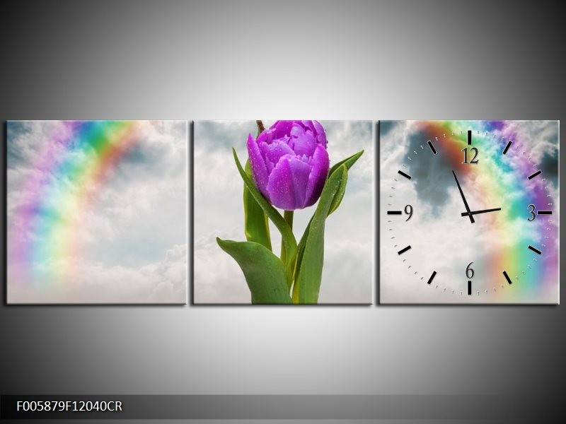 Klok schilderij Tulp | Paars, Grijs, Groen | 120x40cm 3Luik