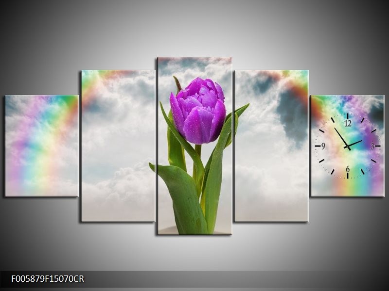 Klok schilderij Tulp | Paars, Grijs, Groen | 150x70cm 5Luik