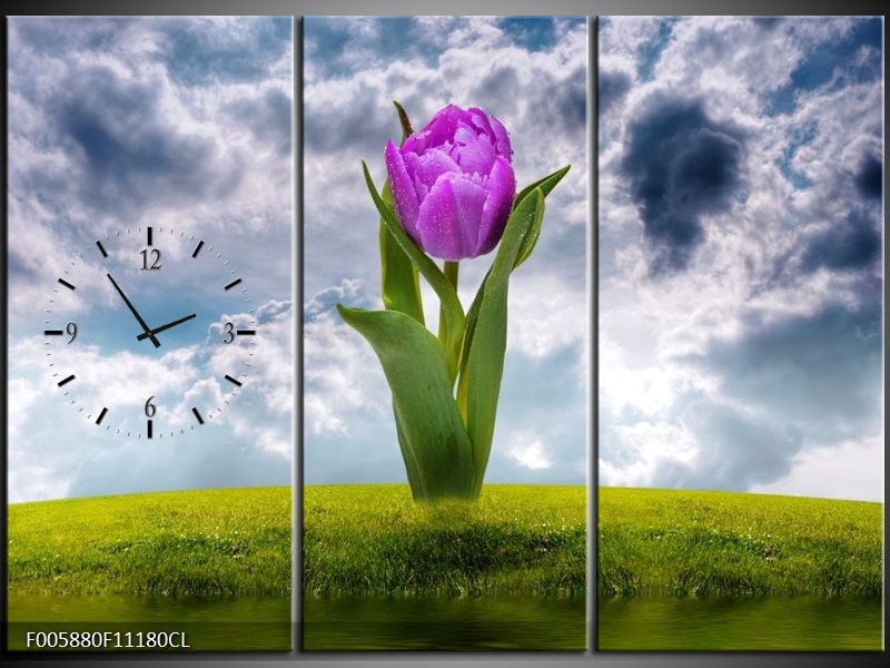 Klok schilderij Tulp | Paars, Grijs, Groen | 111x80cm 3Luik