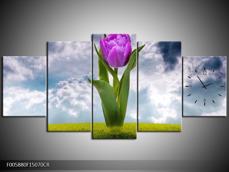 Klok schilderij Tulp | Paars, Grijs, Groen | 150x70cm 5Luik