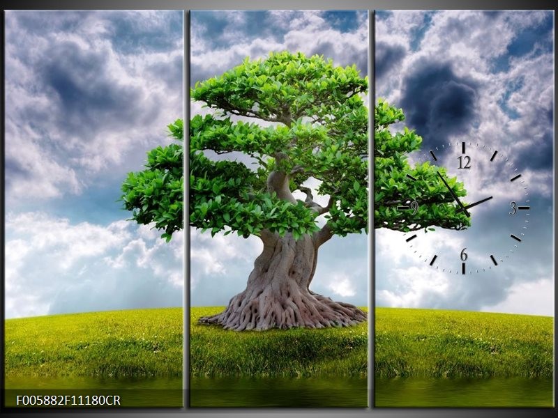 Klok schilderij Boom | Groen, Grijs | 111x80cm 3Luik