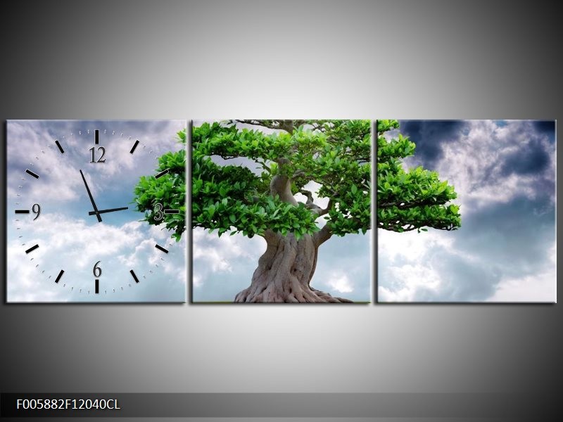 Klok schilderij Boom | Groen, Grijs | 120x40cm 3Luik