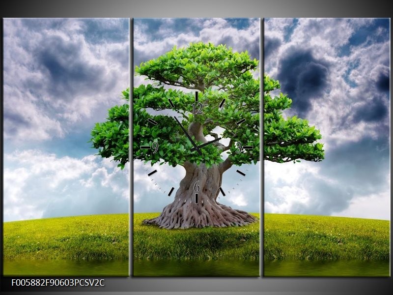Klok schilderij Boom | Groen, Grijs | 90x60cm 3Luik