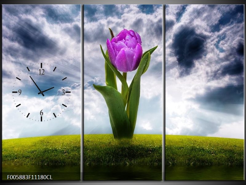 Klok schilderij Tulp | Grijs, Paars | 111x80cm 3Luik