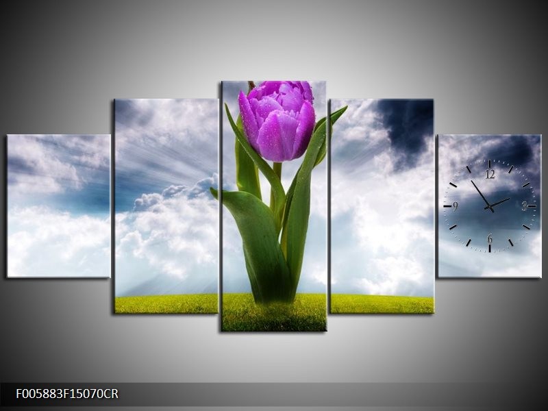 Klok schilderij Tulp | Grijs, Paars | 150x70cm 5Luik