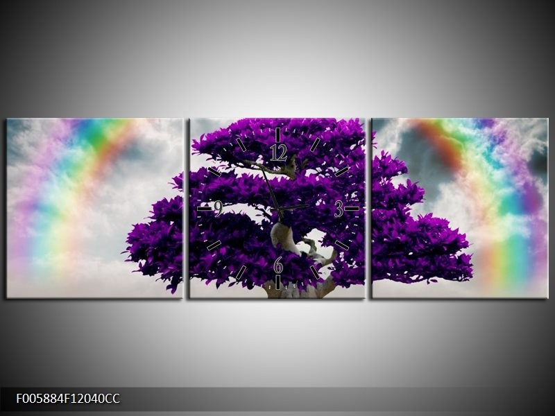 Klok schilderij Boom | Paars, Grijs | 120x40cm 3Luik