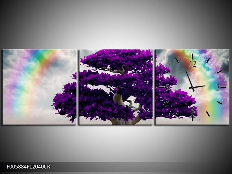 Klok schilderij Boom | Paars, Grijs | 120x40cm 3Luik