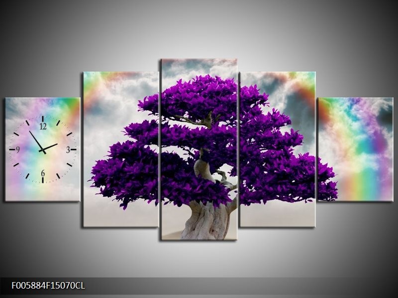 Klok schilderij Boom | Paars, Grijs | 150x70cm 5Luik