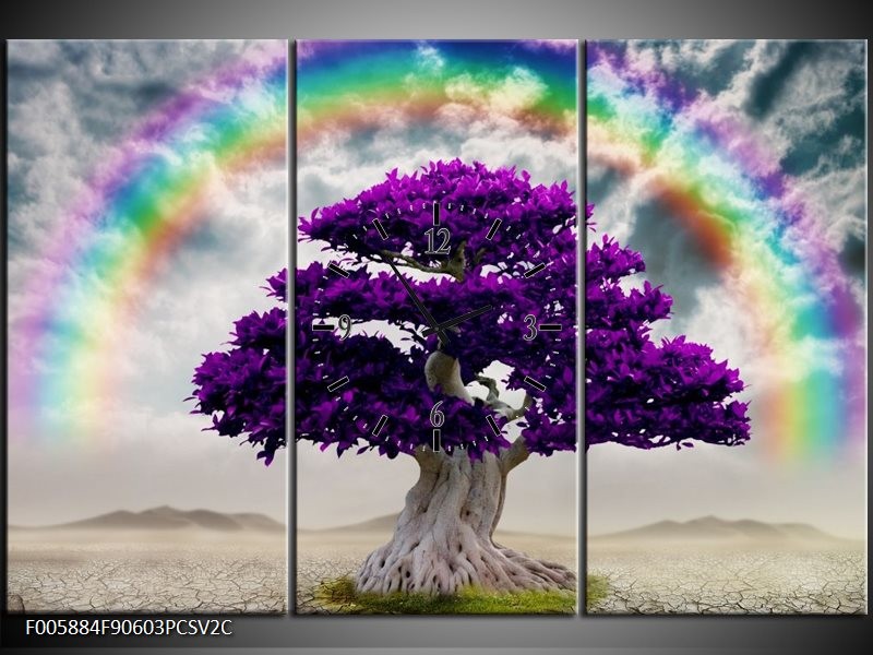 Klok schilderij Boom | Paars, Grijs | 90x60cm 3Luik