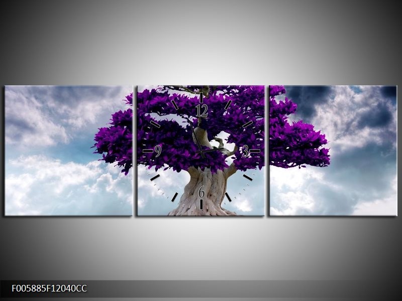 Klok schilderij Boom | Paars, Grijs | 120x40cm 3Luik