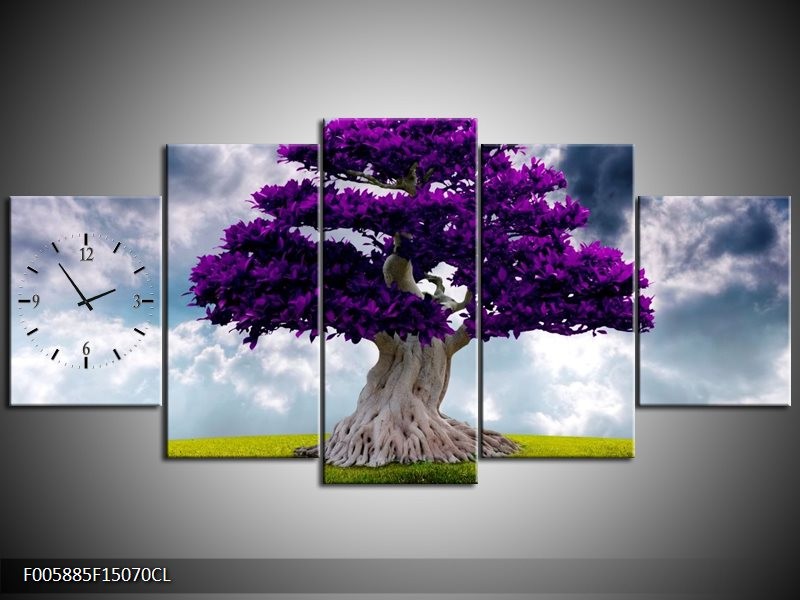 Klok schilderij Boom | Paars, Grijs | 150x70cm 5Luik