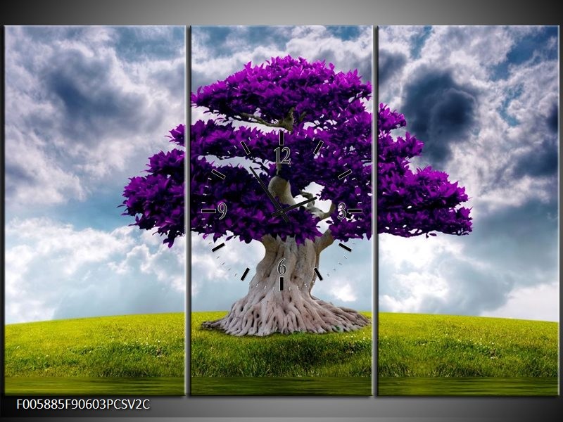 Klok schilderij Boom | Paars, Grijs | 90x60cm 3Luik