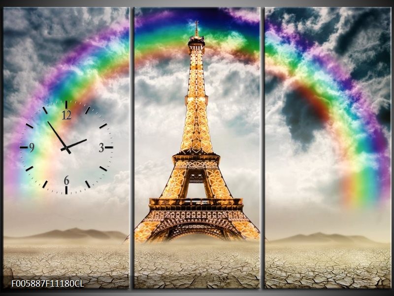 Klok schilderij Eiffeltoren | Goud, Grijs | 111x80cm 3Luik