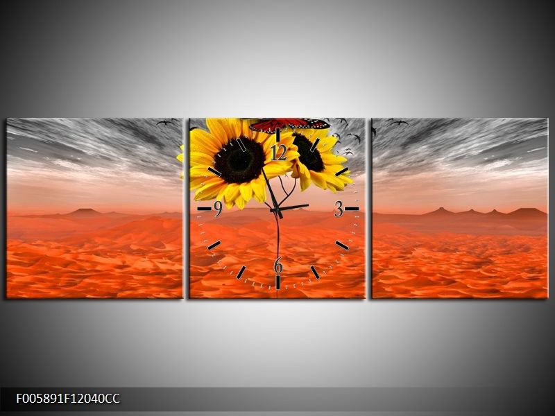 Klok schilderij Zonnebloem | Oranje, Grijs, Geel | 120x40cm 3Luik