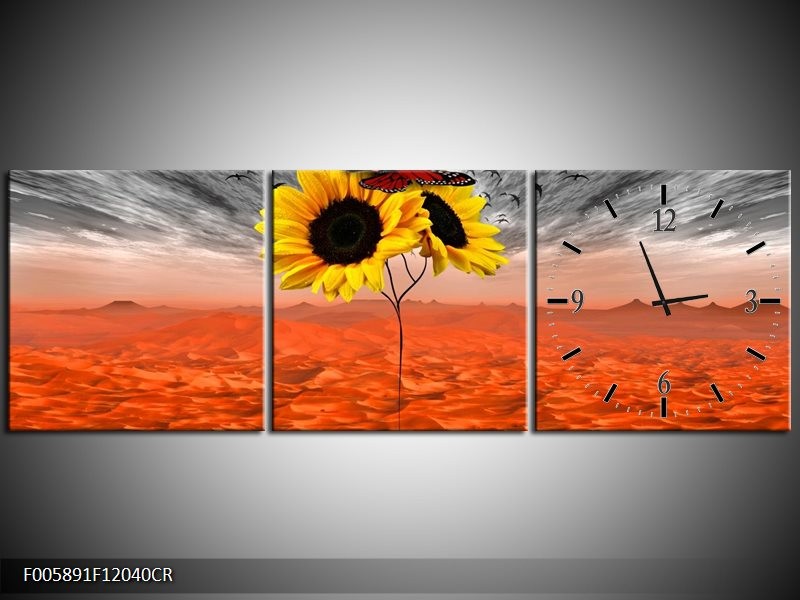 Klok schilderij Zonnebloem | Oranje, Grijs, Geel | 120x40cm 3Luik