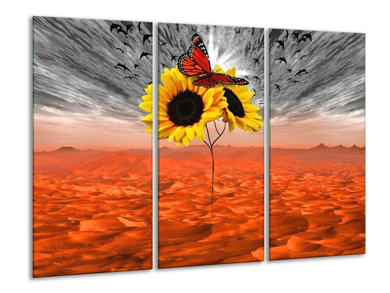 Canvas schilderij Zonnebloem | Oranje, Grijs, Geel | 120x80cm 3Luik