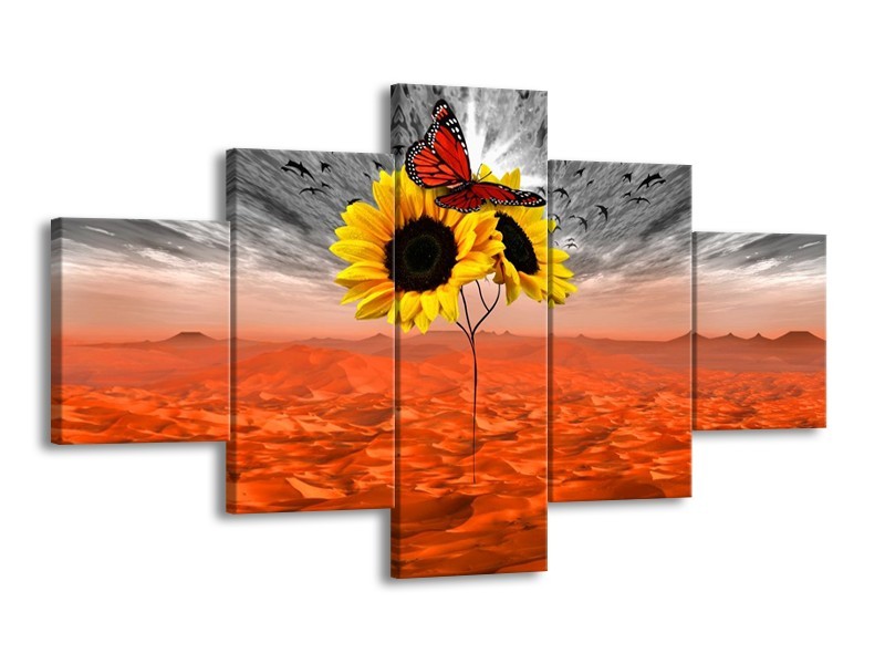Canvas schilderij Zonnebloem | Oranje, Grijs, Geel | 125x70cm 5Luik